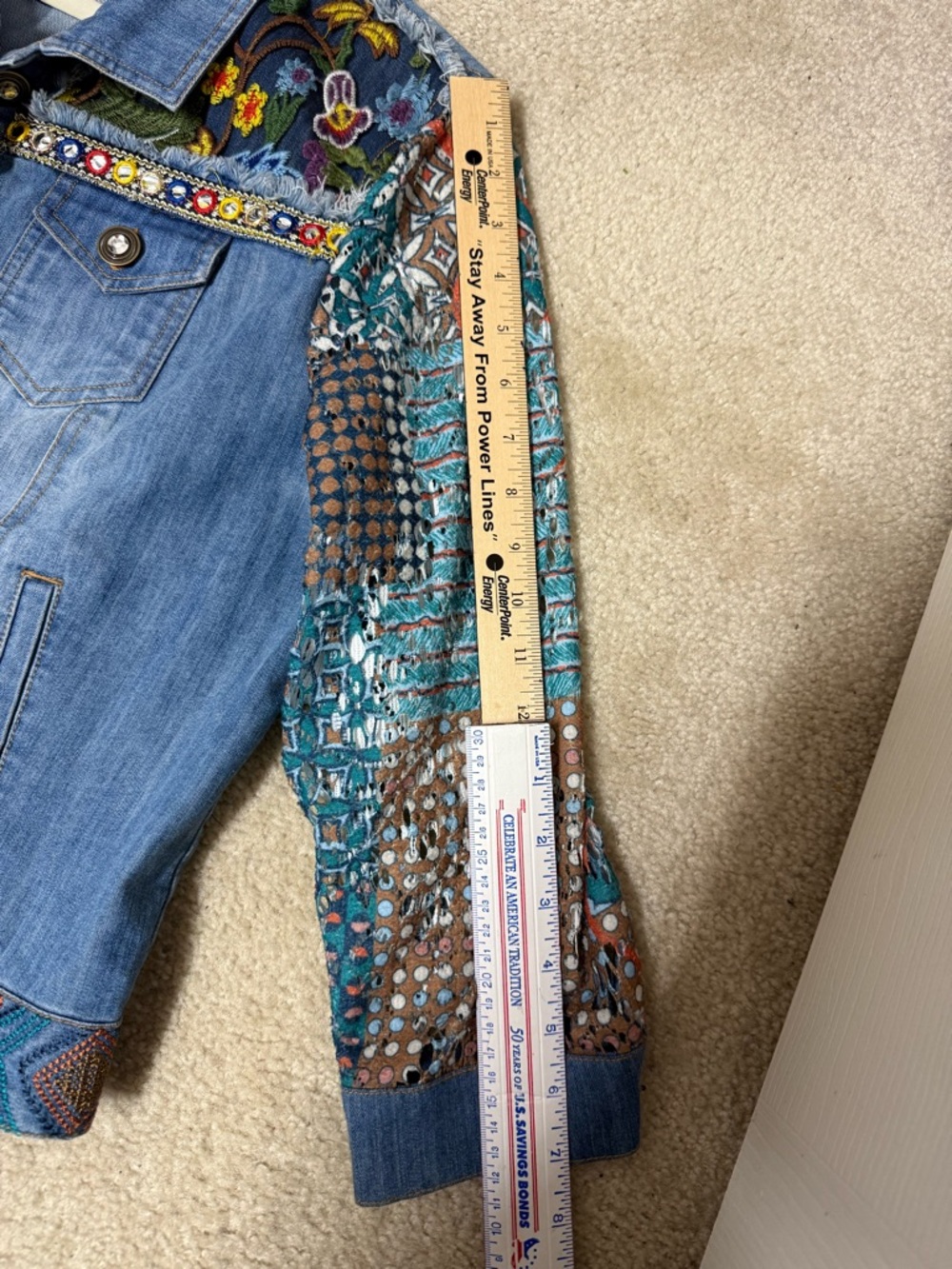 Multiples Blue Denim Jacket with Multicolor Embroidered Sleeves - Picture 9 of 10